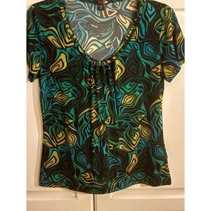 Womens Beaded Neckline Abstract Print Flowy Top
